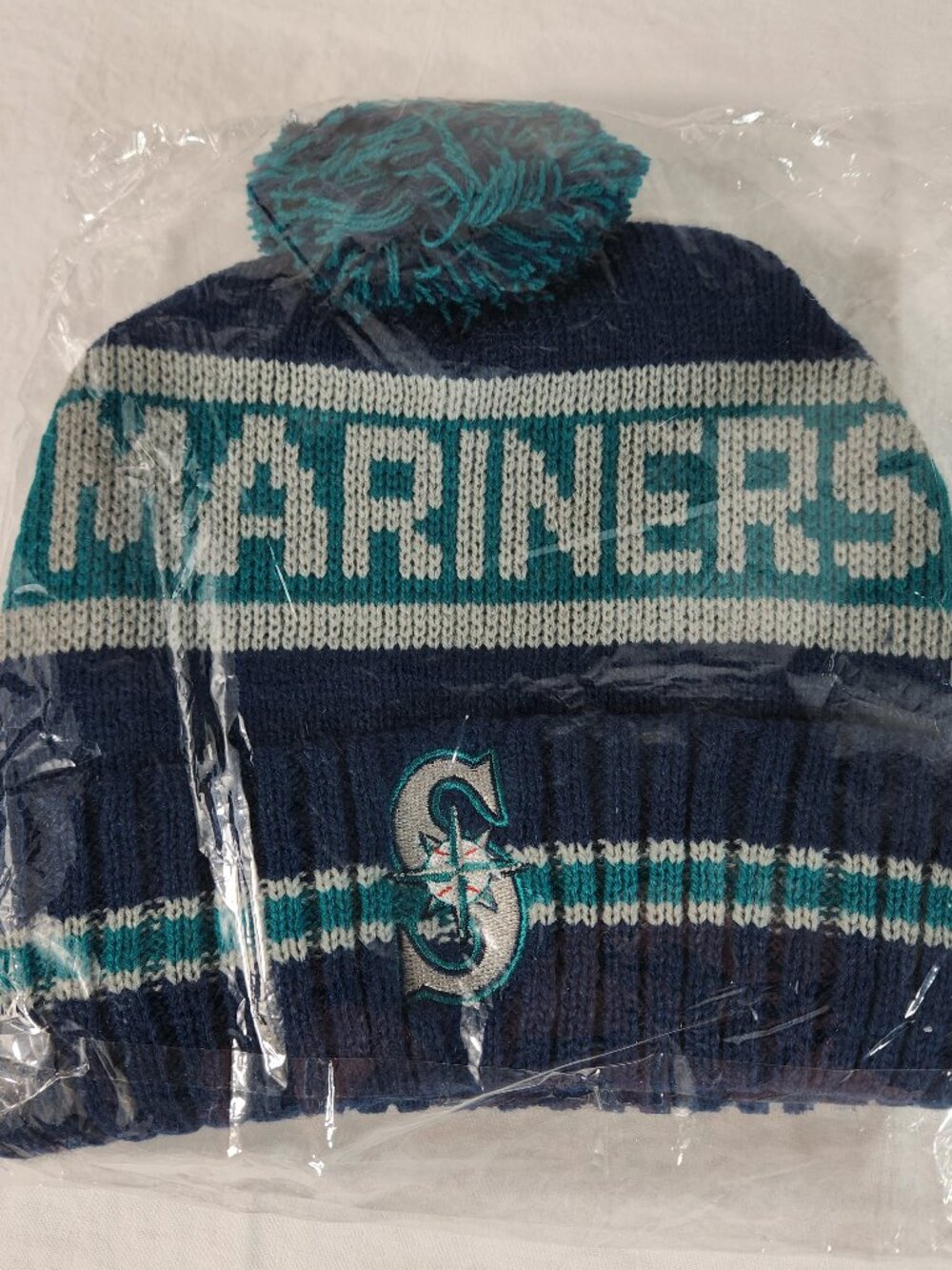 Seattle Mariners Vintage 1990s Promo Winter Head Warmer Hat Cap Knit w/ Pom Pom